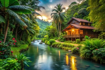 Fototapeta premium Escape to a charming riverfront home nestled in a lush, exotic forest; a tranquil, green paradise.