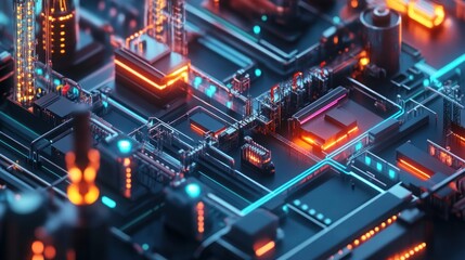 A semi-automated stock cracker plant operating in a cyberpunk city, neon holograms and sleek designs