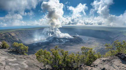 A dramatic volcanic landscape under a fiery sunset