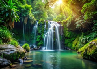 Fototapeta premium Escape to lush rainforest paradise. Cascading waterfalls and stunning landscapes await.