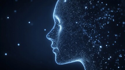 A digital representation of a human face created from interconnected particles.