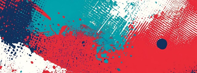 Abstract red, blue and white paint splatters.