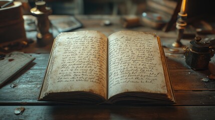 Open antique book on a wooden table with old writing tools.