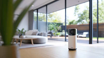 Fototapeta premium Smart home security camera placed on a wooden table in a bright, modern living room with large windows.