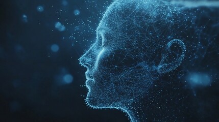 A digital representation of a human head composed of glowing particles.