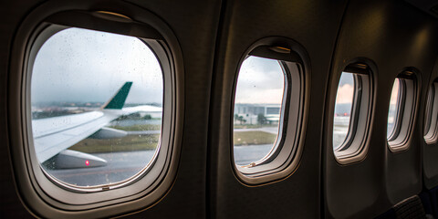 An airplane window from inside