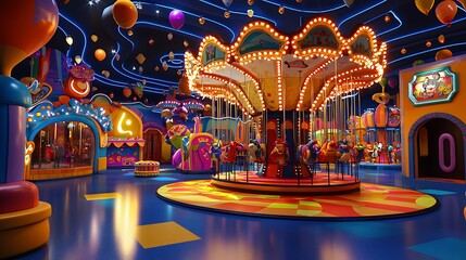 Obraz premium Illuminated Carousel in a Colorful Indoor Play Area