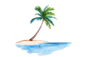 Watercolor Palm Tree Leaning Over Tranquil Water