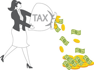 Businesswomen pour out a lot of money from inside their money bags, income or profit, investment or return on investment, tax, tax or debt or financial problems
