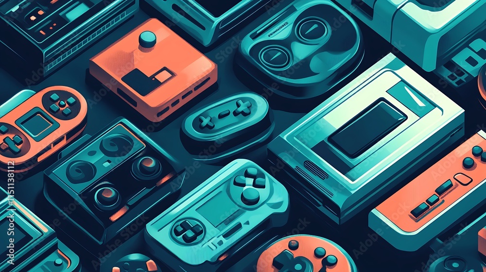 Poster Retro game consoles and controllers.