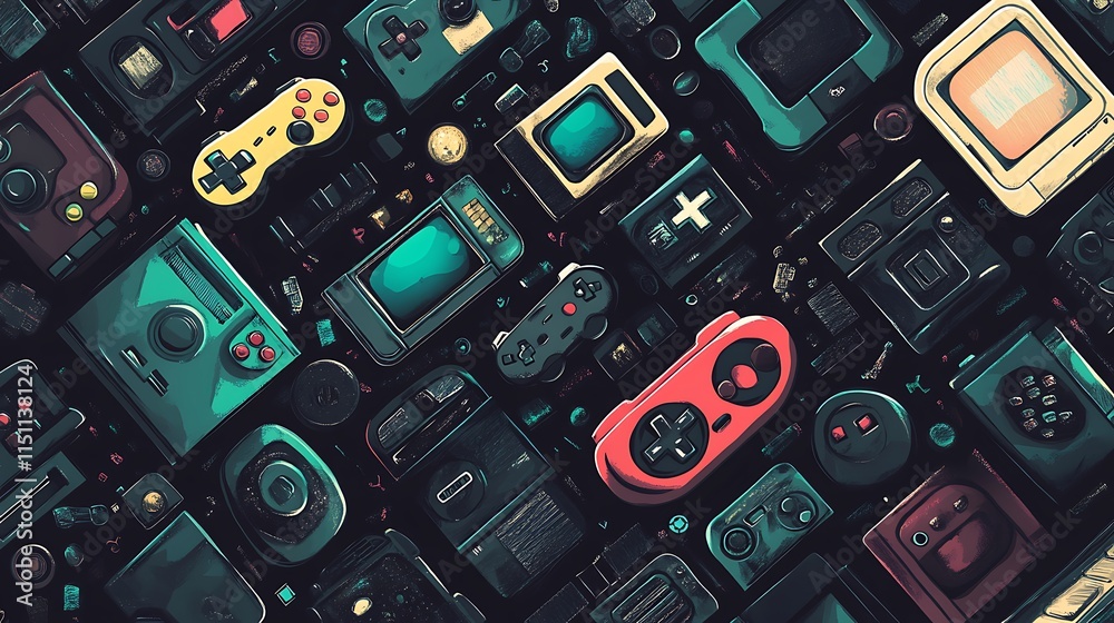 Poster Retro gaming consoles and controllers pattern.