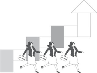 Competition for business marketing or performance, competition for office staff careers, competition for the best employees, businesswomen running alongside the arrow of continuous upward growth