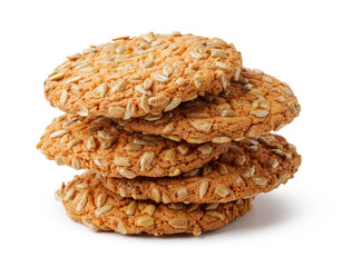Delicious oat cookies stacked together on a white background showcasing their texture and appeal