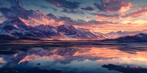 Snow-capped mountain peaks illuminated by a vibrant sunset sky, creating a breathtaking and dramatic scene.