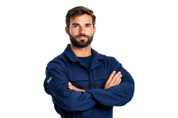 Portrait of a confident man in a blue uniform with folded arms isolated on a transparent background
