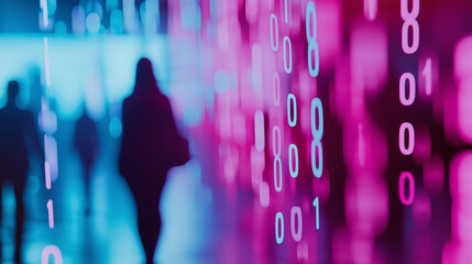 Silhouettes of people walking in a digital tunnel with binary code and glowing pink and blue light, symbolizing technology and connectivity.