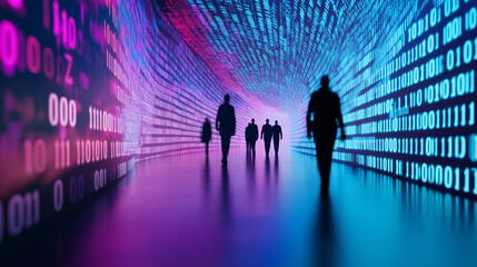 Silhouettes of people walking in a digital tunnel with binary code and glowing pink and blue light, symbolizing technology and connectivity.