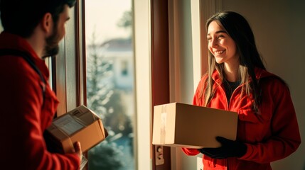 A cheerful woman receives a package from a delivery person in a red uniform at her front door