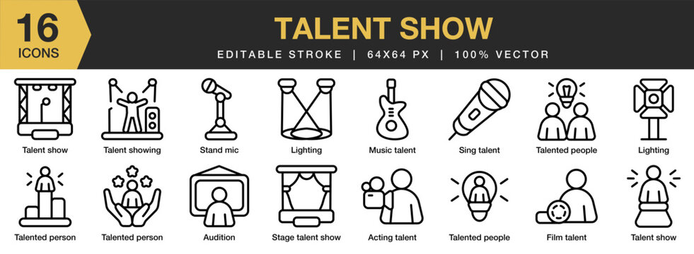 Talent Show icon set. Editable Stroke Icon Collection. Includes Competition, Contest, Duet, Judger, Performance, Singing, Talent, and More. Outline icons vector collection.