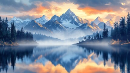 Obraz premium Vibrant vector illustration of a mountain lake with a reflection of the peaks ideal for travel and outdoor designs