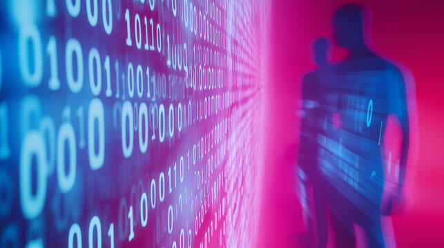 Silhouettes of people walking in a digital tunnel with binary code and glowing pink and blue light, symbolizing technology and connectivity.