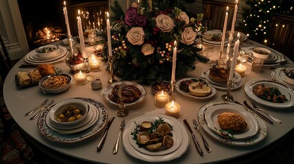 Elegant Christmas Dinner Table Setting  Festive Food  Candles  Festive Decorations