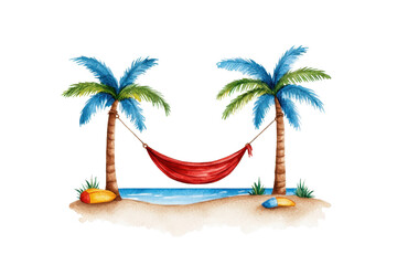Naklejka premium Watercolor Hammock Between Palm Trees
