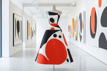 Elegant and Artistic Dress Displayed in Modern Gallery with Abstract Art on Walls Featuring Bold Colors and Unique Shapes, Showcasing High Fashion and Creative Design