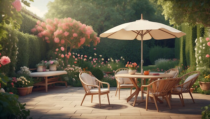 Obraz premium Stylish Garden Chairs, Table, and Parasol Set for Enjoyable Outdoor Gatherings