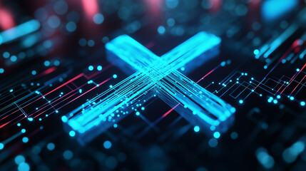 Futuristic glowing blue "X" made of digital lines and particles on a dark background, symbolizing technology and innovation.