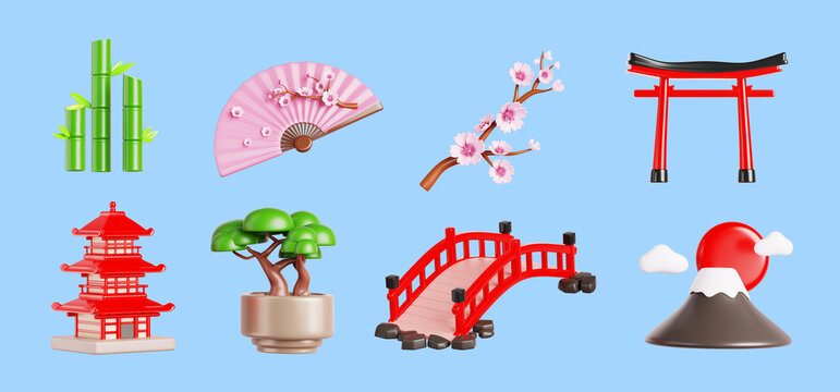Architecture, landmark and nature of japan 3d render icon set. Red pagoda, torii gate, garden bridge, mount fuji, pink hand fan with sakura, bonsai tree, bamboo, cherry blossom branch. 3D illustration