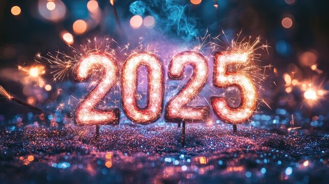 "2025" Happy New Year with Sparklers and Fireworks for a Celebration Scene