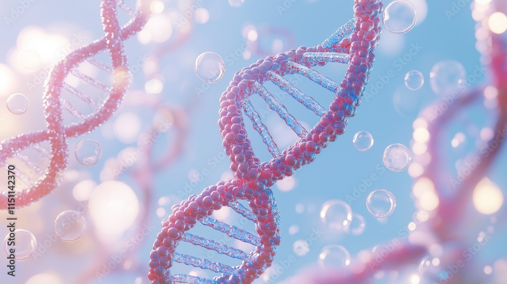 Poster A mesmerizing display of a spiraling blue DNA double helix illuminated by soft, ambient light, surrounded by floating bubbles that create a serene and enchanting atmosphere