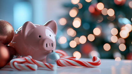 White piggy bank surrounded by Christmas ornaments and candy canes, symbolizing holiday savings and festive financial planning.