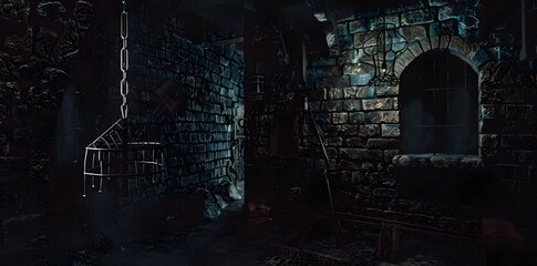 Grim and chilling medieval torture chamber with cold stone walls and eerie light.
