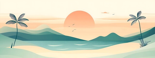 Tropical beach sunset with palm trees.