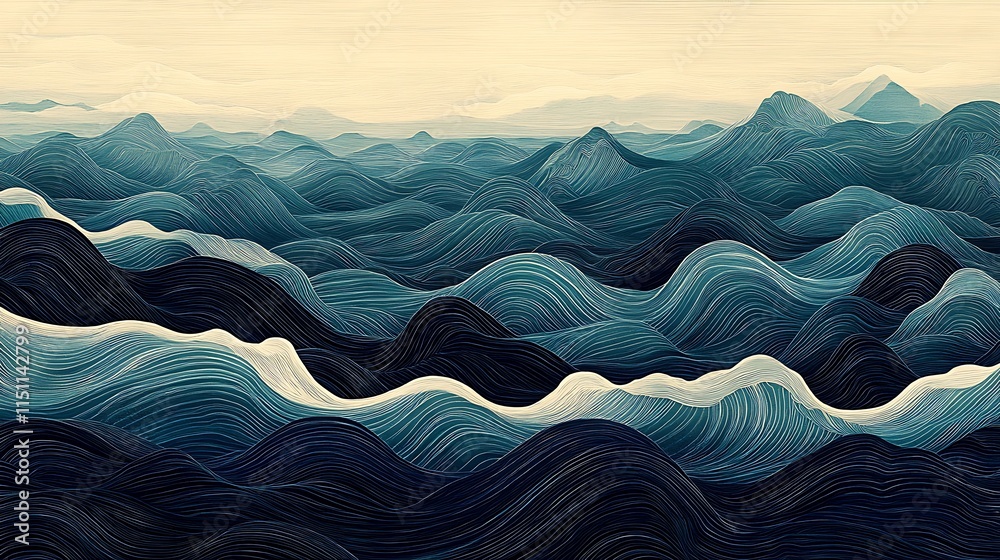 Poster abstract rolling blue wave pattern.