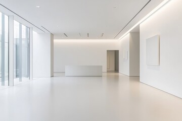 Modern Minimalist Gallery Interior with White Walls and Elegant Lighting, Ideal for Art Exhibitions and Contemporary Displays in Urban Spaces