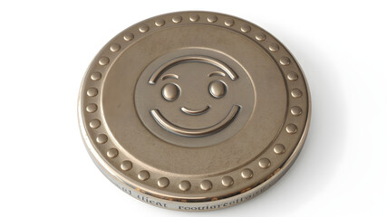 A discus with a carved happy face on its metallic surface, the textures and realistic reflections rendered with precision, isolated on a pure white background, ultra-clear in 8K