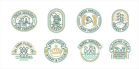 Farming and agriculture logos, labels, icons. A set of 8 farming logotypes. Harvest, Farm, Chicken, Soil. For agricultural business, organic farms, food production industries. Vector illustration