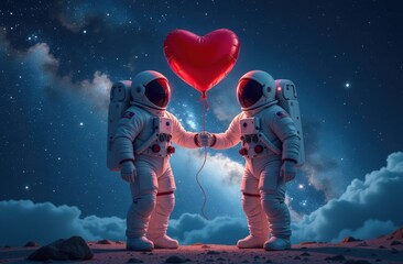 Two astronauts in spacesuit standing on lunar surface in outer space and holding red heart shaped balloon. Valentine's Day card. Concept: love to the moon and back