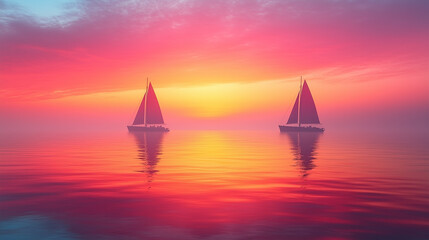 Fototapeta premium Romantic Sailboat on Calm Waters, Serene Sunset Ocean View