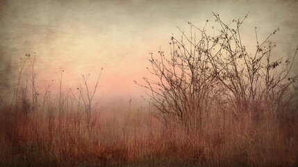 Fototapeta premium Misty sunrise over a field of dry grass and bare bushes.