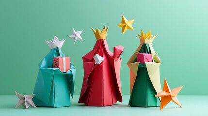 Three origami Christmas trees in green, yellow, and red, with star toppers, placed on a soft bokeh background.