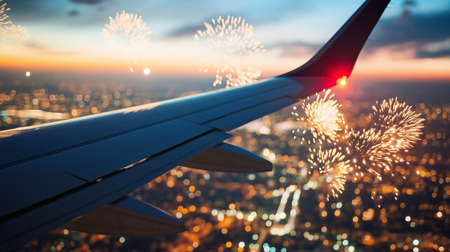 Airplane wing view at sunset over a cityscape with vibrant fireworks illuminating the sky.