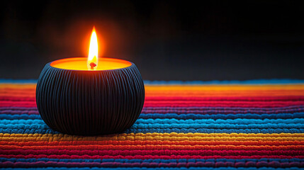 A serene candlelit scene featuring a glowing candle on a vibrant striped fabric, perfect for holiday d&eacute;cor, warm gatherings, and intimate events.