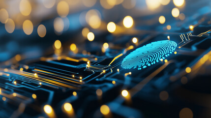Digital fingerprint icon integrated on a futuristic blue and gold circuit board, symbolizing technology and security.