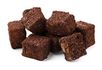 Delicious dark chocolate cubes stacked on a white background ready for dessert or snacking