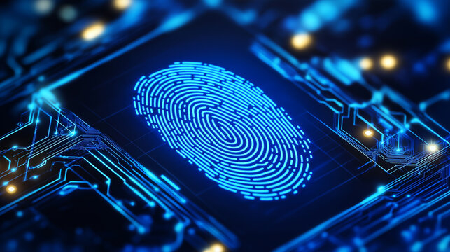 Glowing blue digital fingerprint on a high-tech circuit board with intricate golden connections and futuristic design.