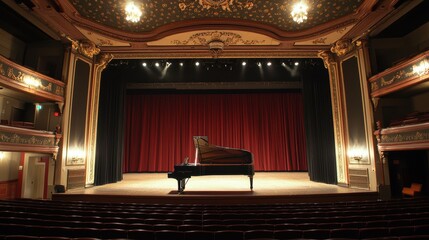 Stunning solo black grand piano performance in an empty theater's captivating light